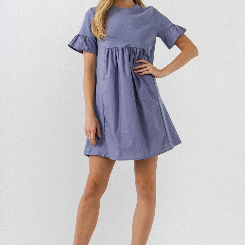 3/$20 English Factory mixed media short sleeve mini dress - dusty blue